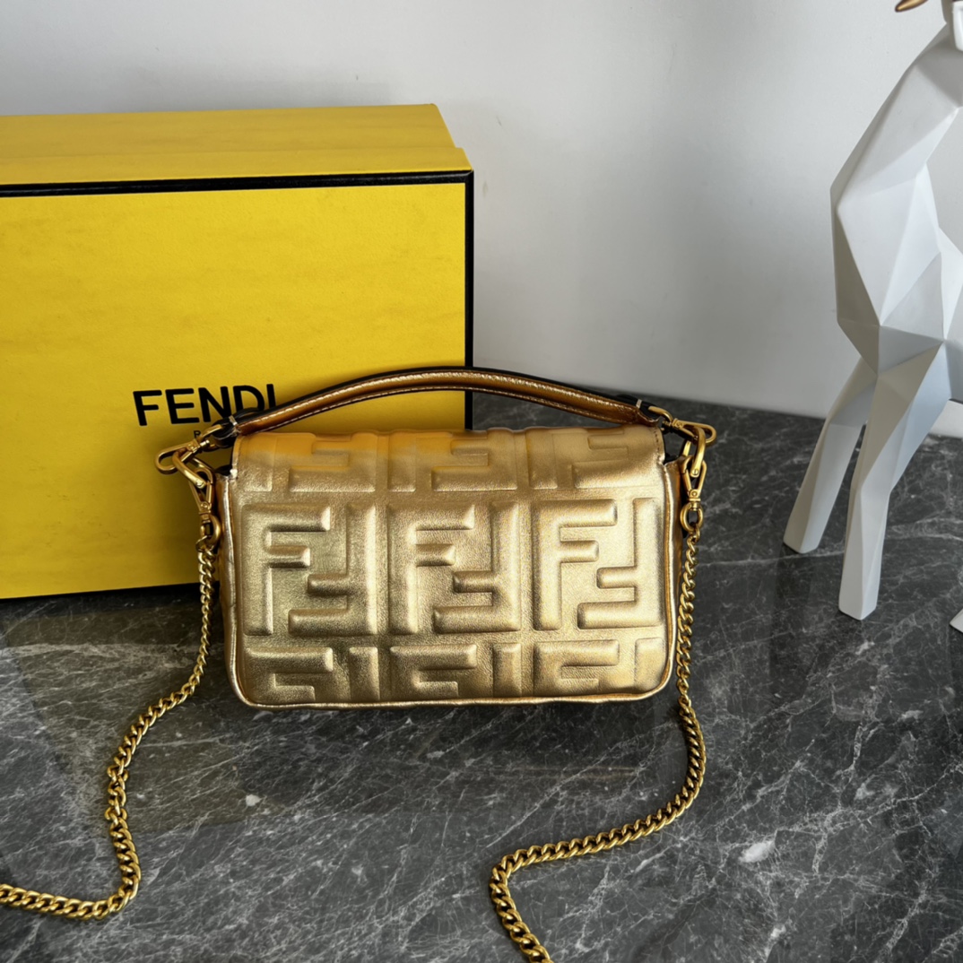 Fendi Mini Baguette Nappa Leather 3D-effect FF Shoulder Bag Gold 